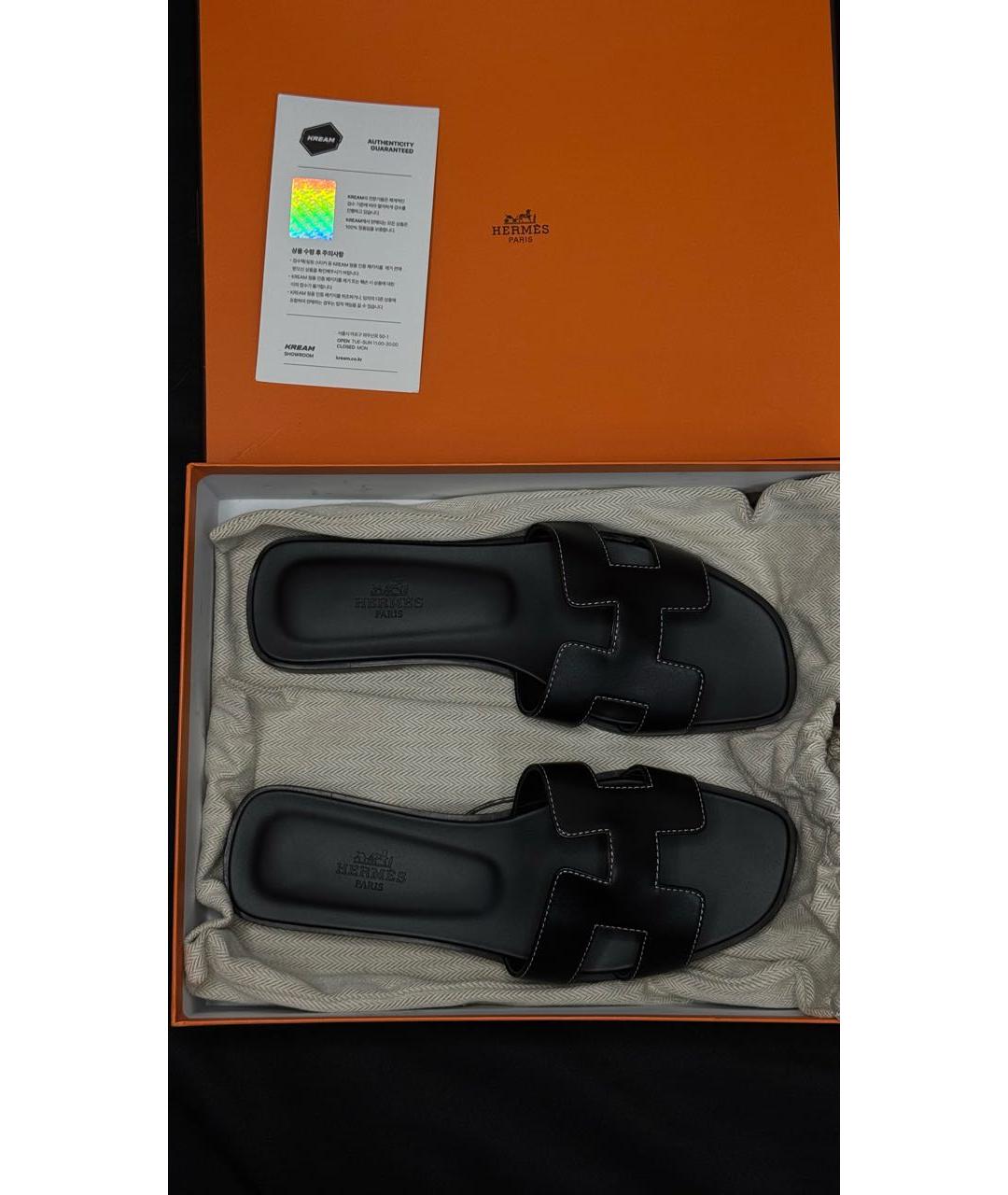 HERMES Черные кожаные шлепанцы, фото 6