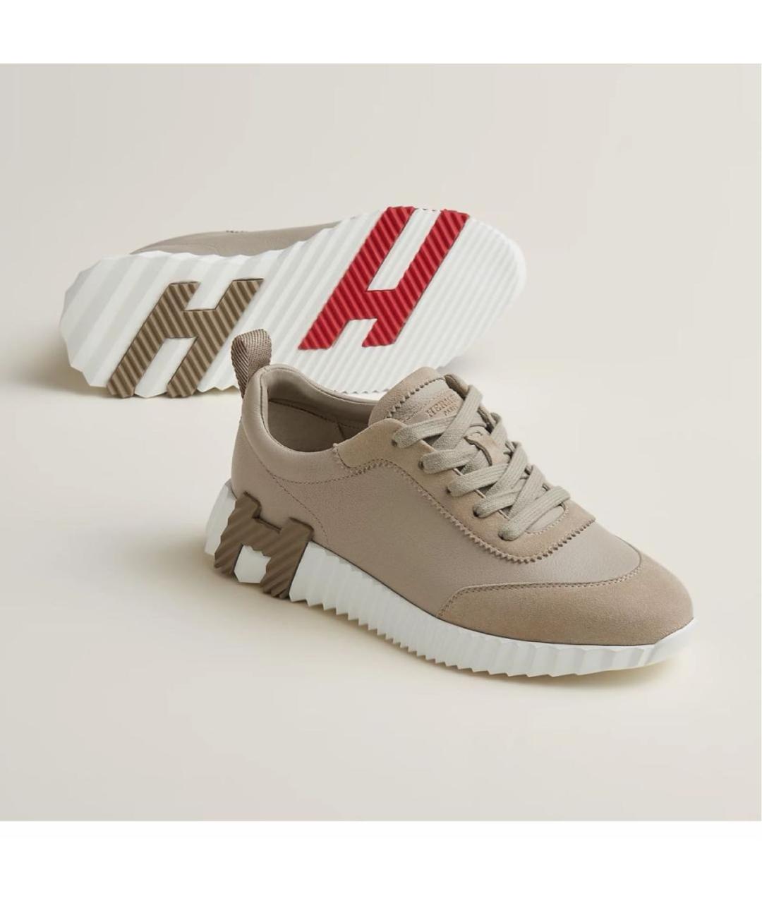 HERMES Бежевые кожаные кроссовки, фото 2