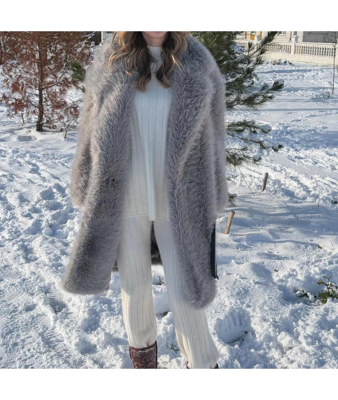 SPORTMAX Серая полиэстеровая шуба, фото 8