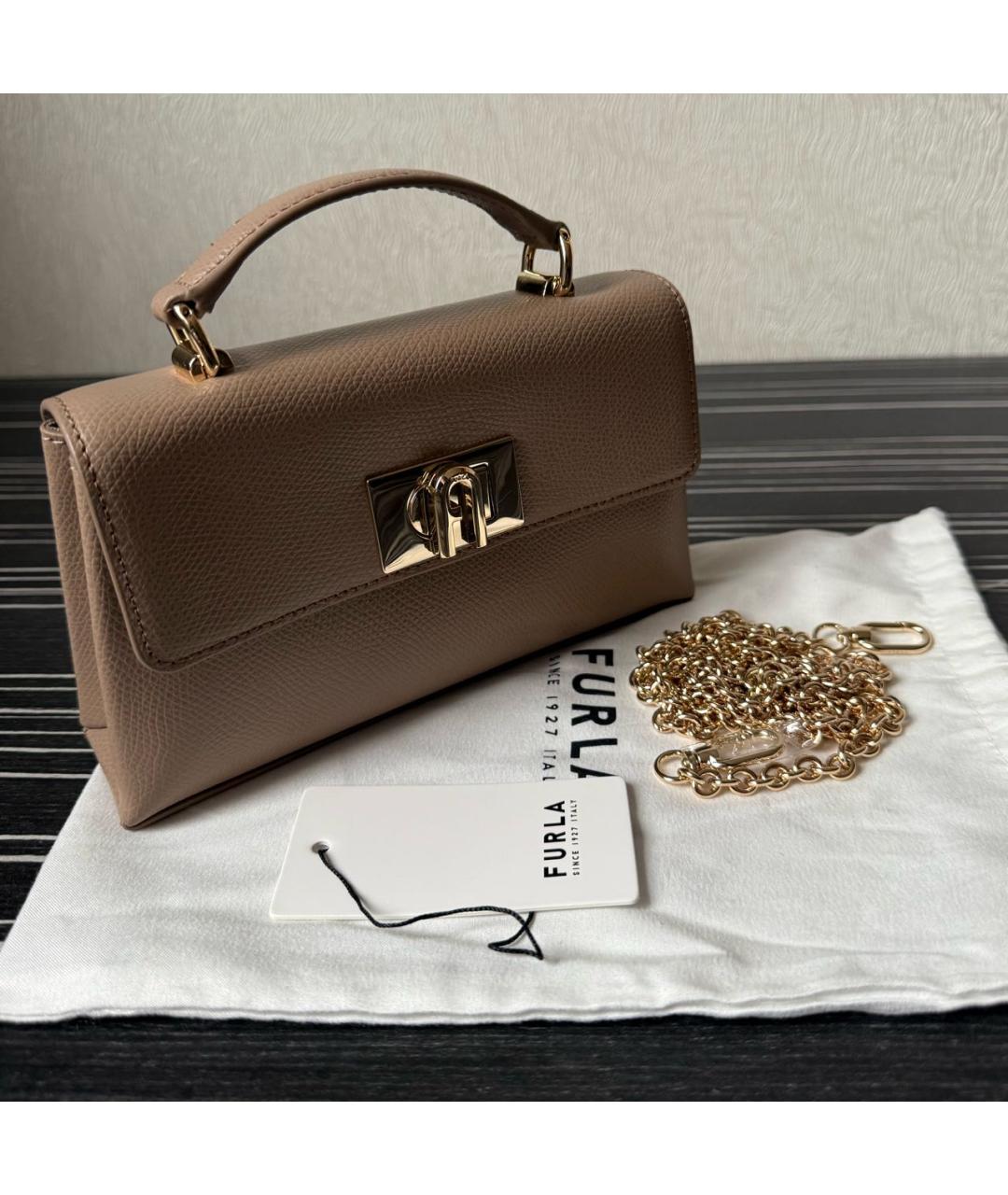 FURLA Бежевая кожаная сумка с короткими ручками, фото 5