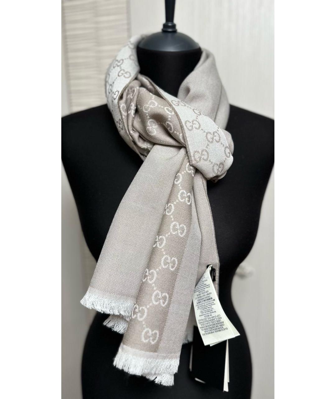 GUCCI Бежевый шерстяной шарф, фото 4