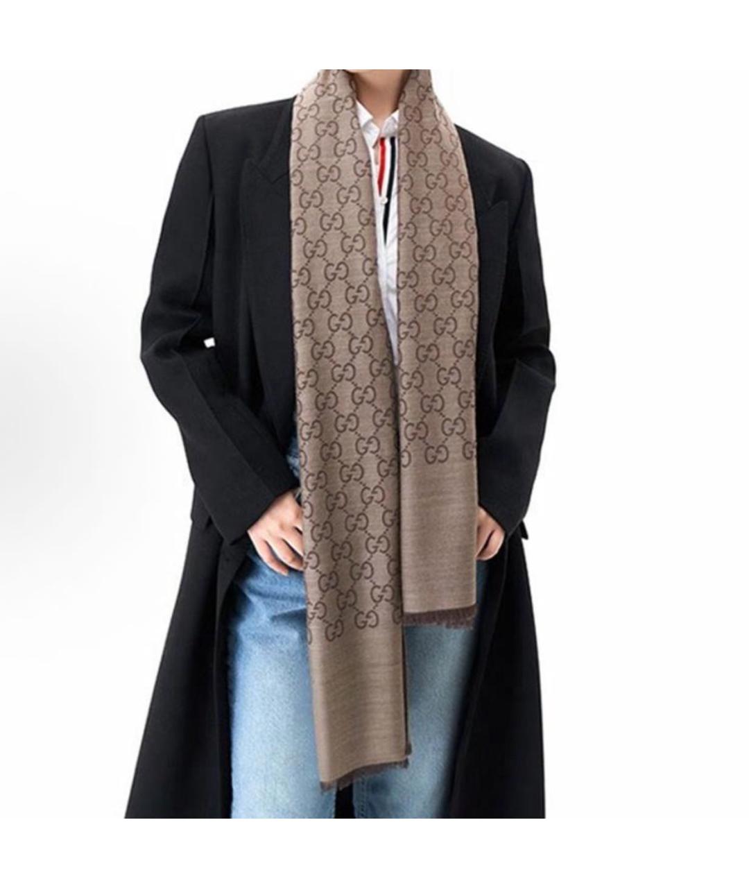 GUCCI Коричневый шерстяной шарф, фото 5