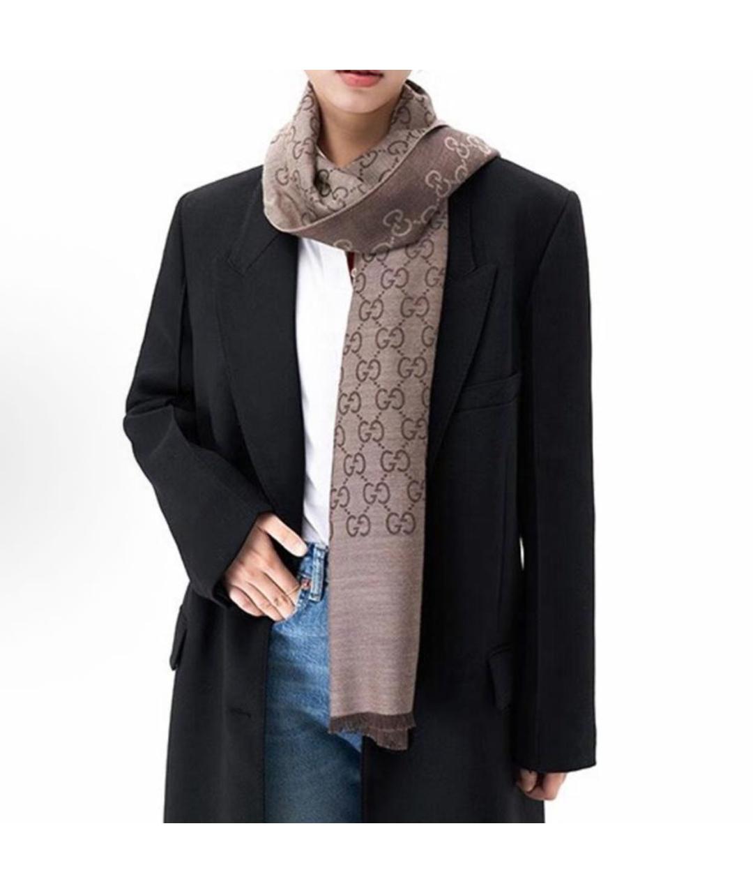 GUCCI Коричневый шерстяной шарф, фото 6