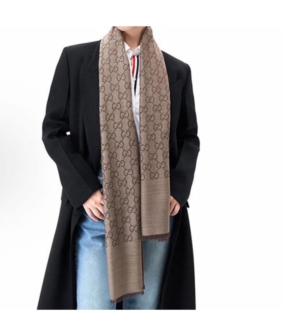 GUCCI Коричневый шелковый шарф, фото 5