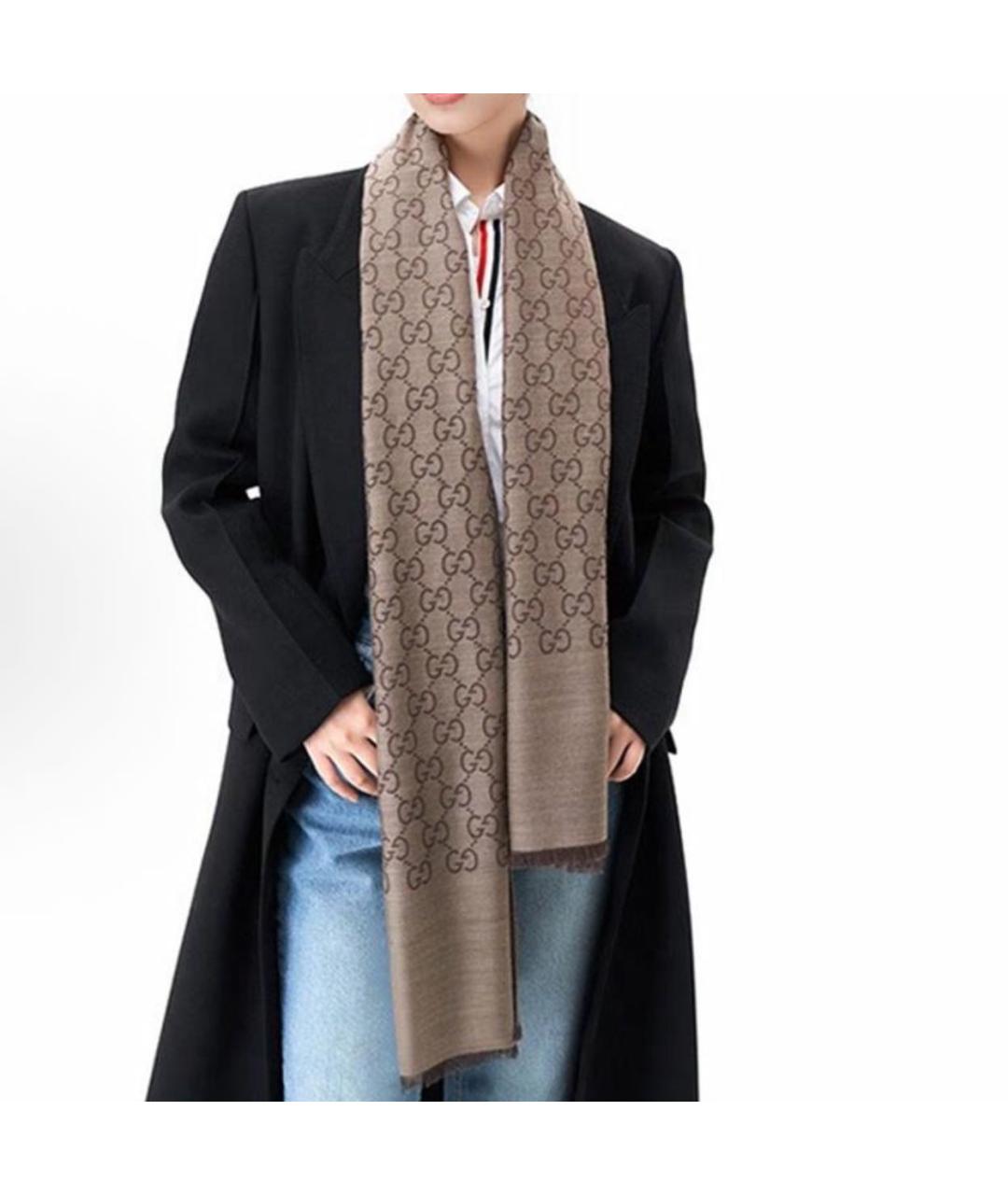 GUCCI Коричневый шерстяной шарф, фото 4