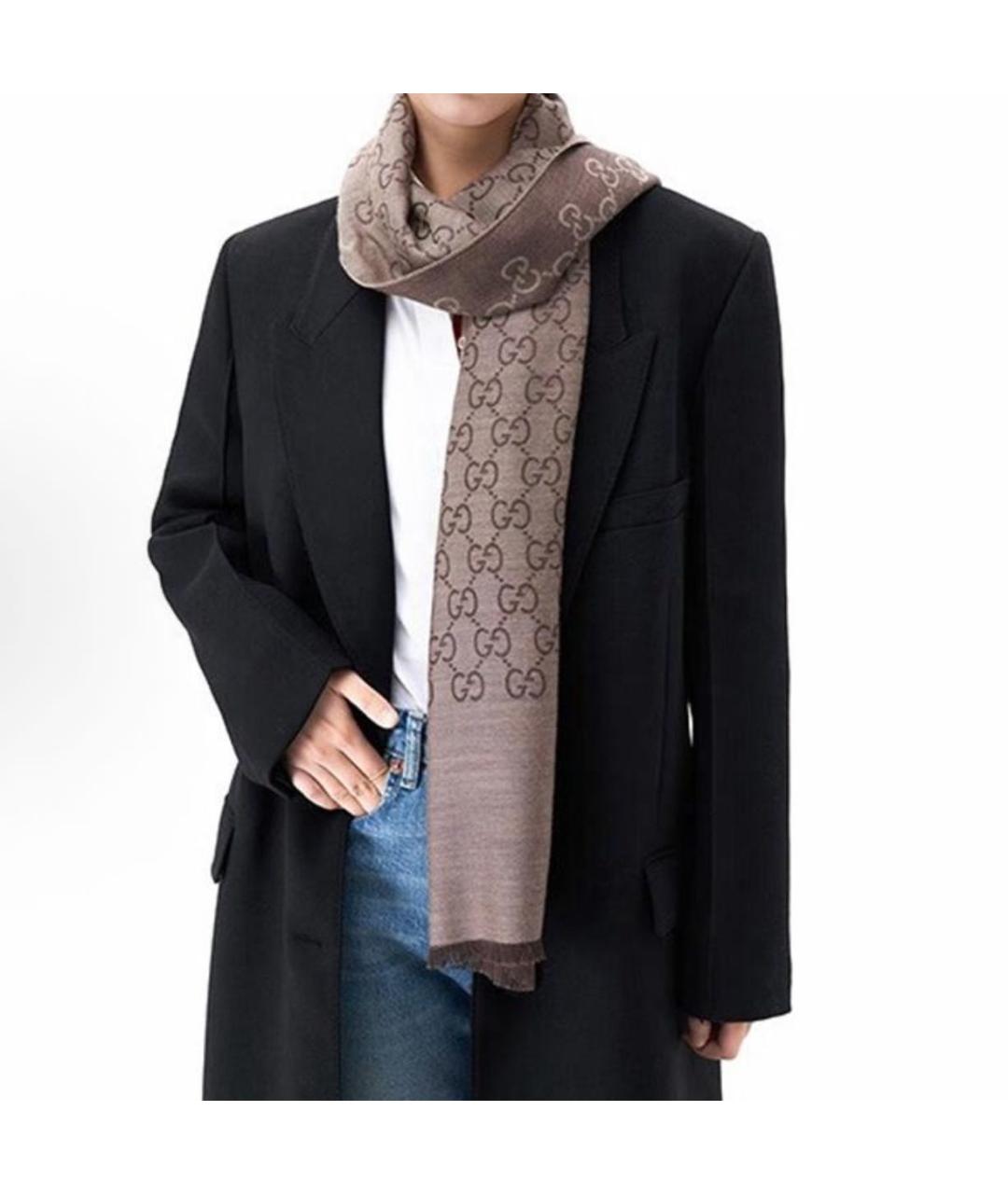 GUCCI Коричневый шерстяной шарф, фото 5
