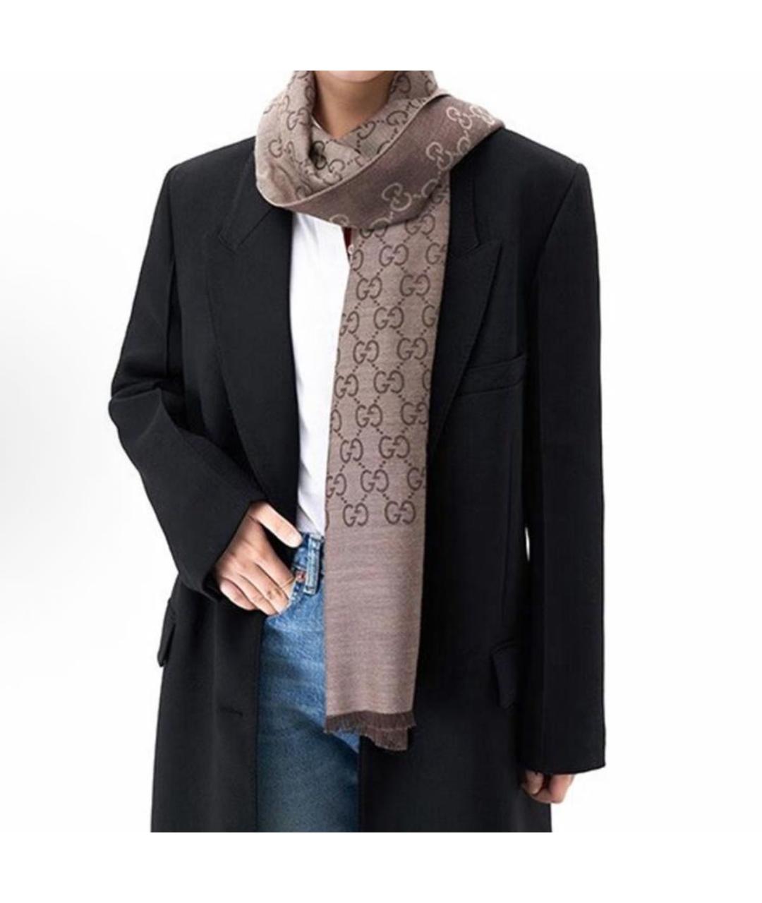 GUCCI Коричневый шерстяной шарф, фото 5