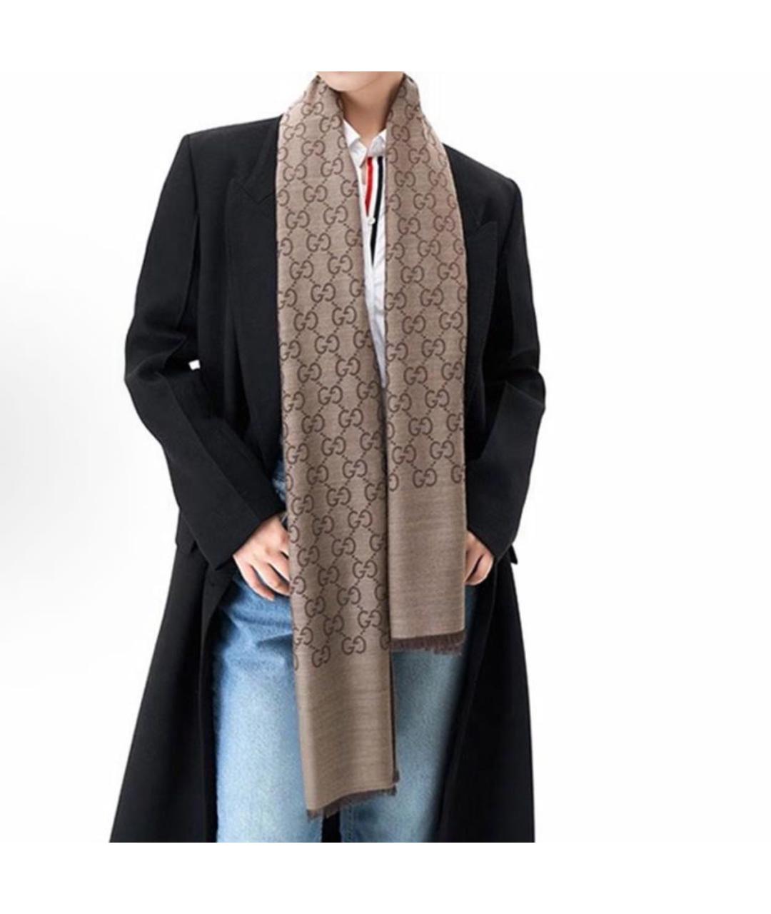 GUCCI Коричневый шерстяной шарф, фото 4
