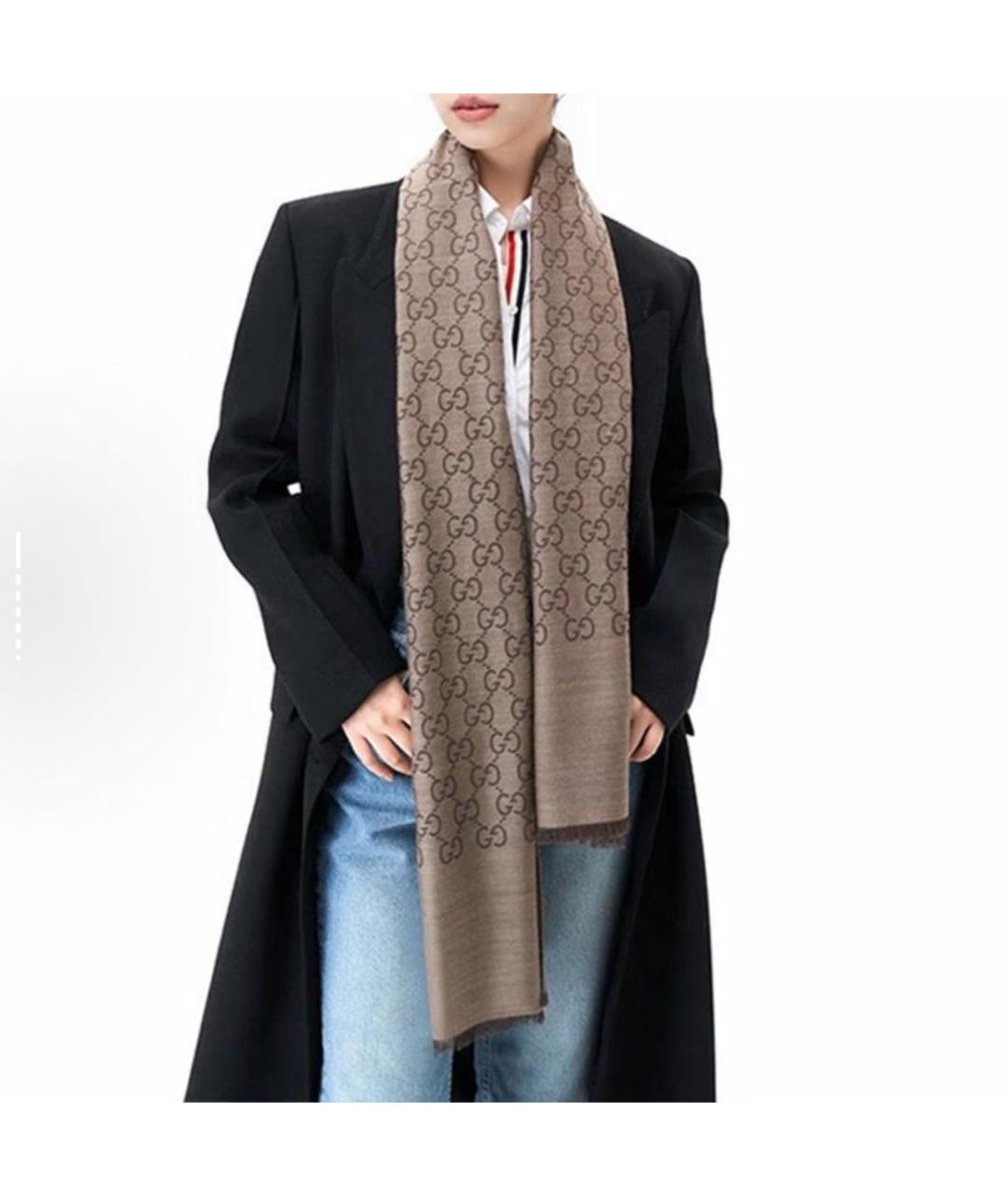GUCCI Коричневый шерстяной шарф, фото 4