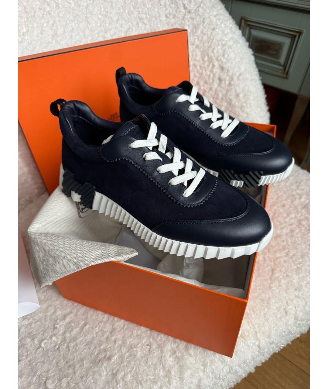 HERMES Темно-синие кожаные низкие кроссовки / кеды, фото 3