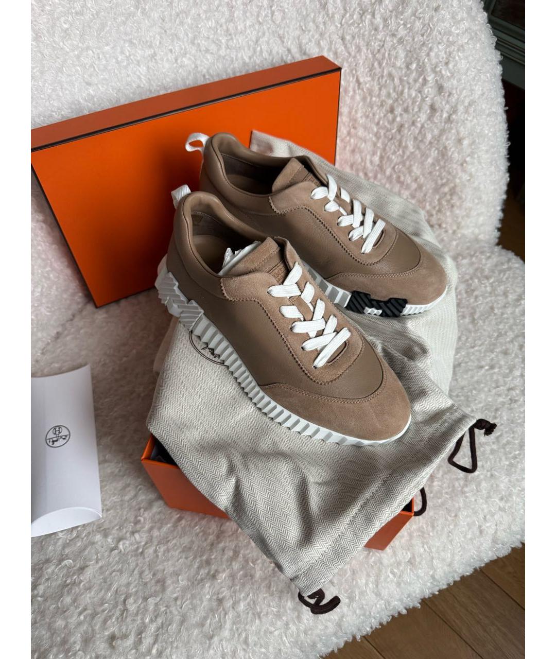 HERMES Бежевые кожаные кроссовки, фото 4