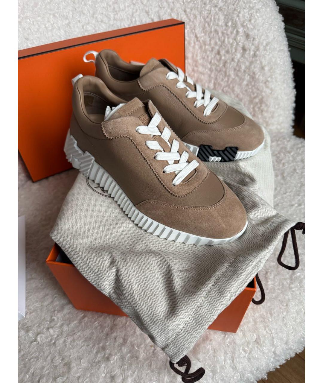 HERMES Бежевые кожаные кроссовки, фото 3