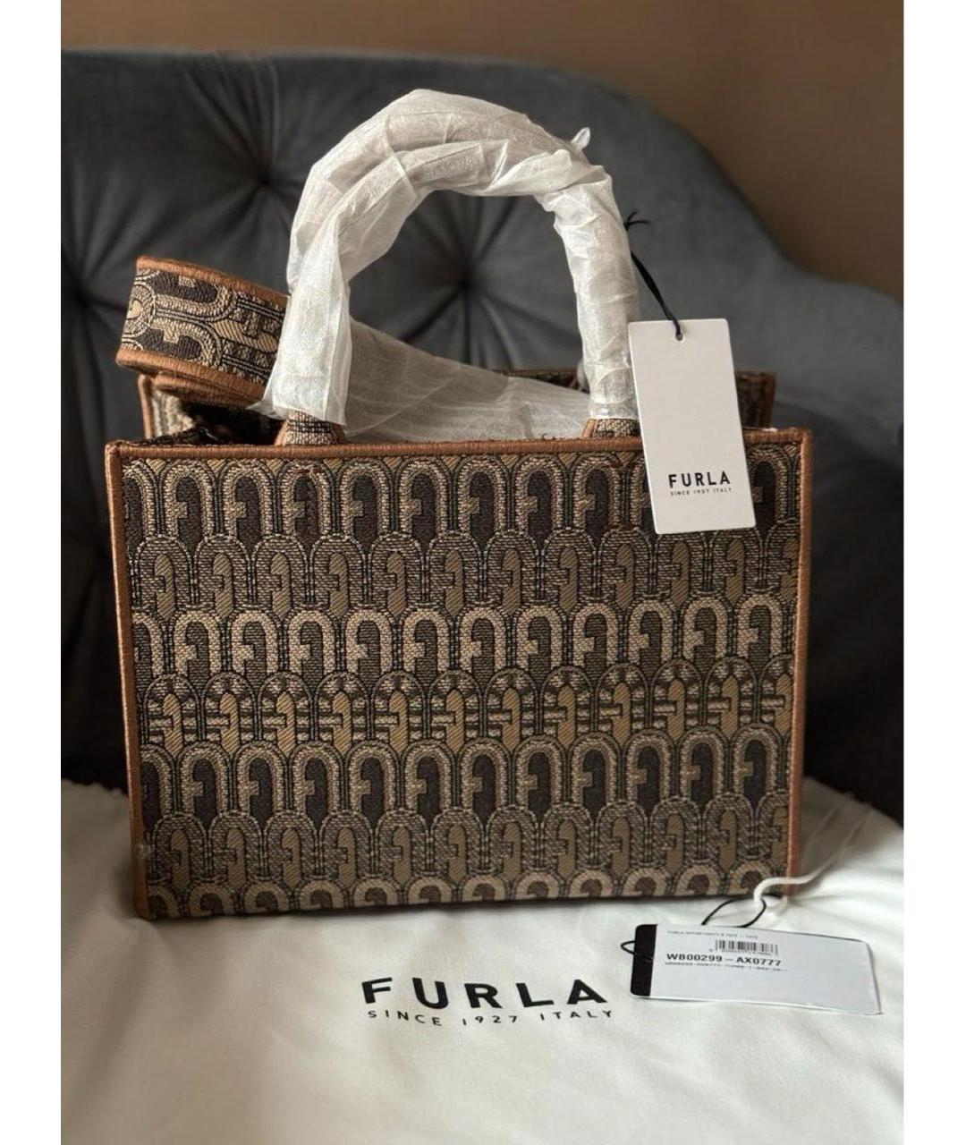 FURLA Коричневая жаккардовая сумка с короткими ручками, фото 4