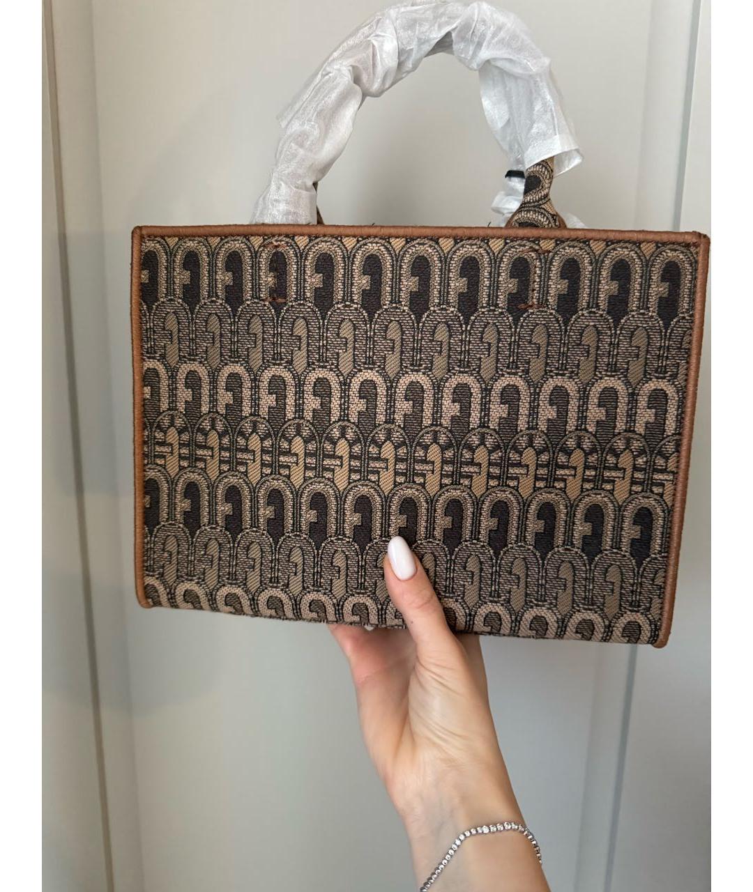 FURLA Коричневая жаккардовая сумка с короткими ручками, фото 6