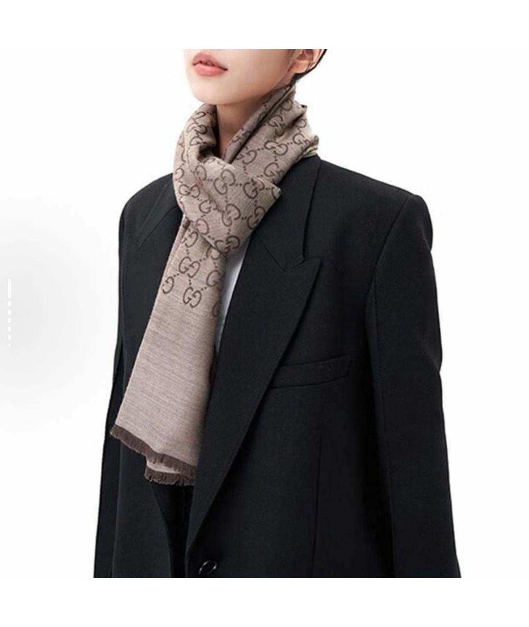 GUCCI Коричневый шерстяной шарф, фото 6