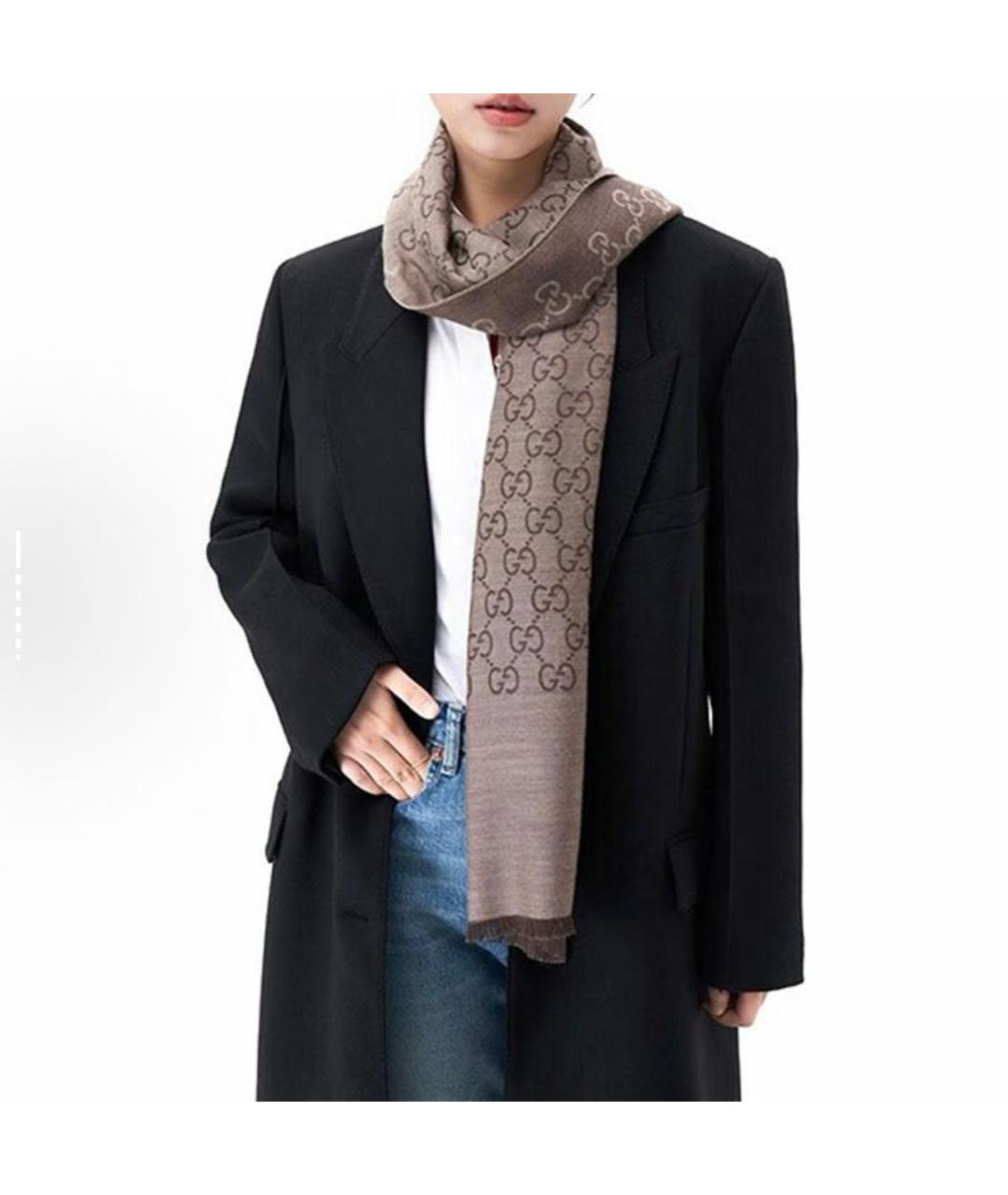 GUCCI Коричневый шерстяной шарф, фото 4