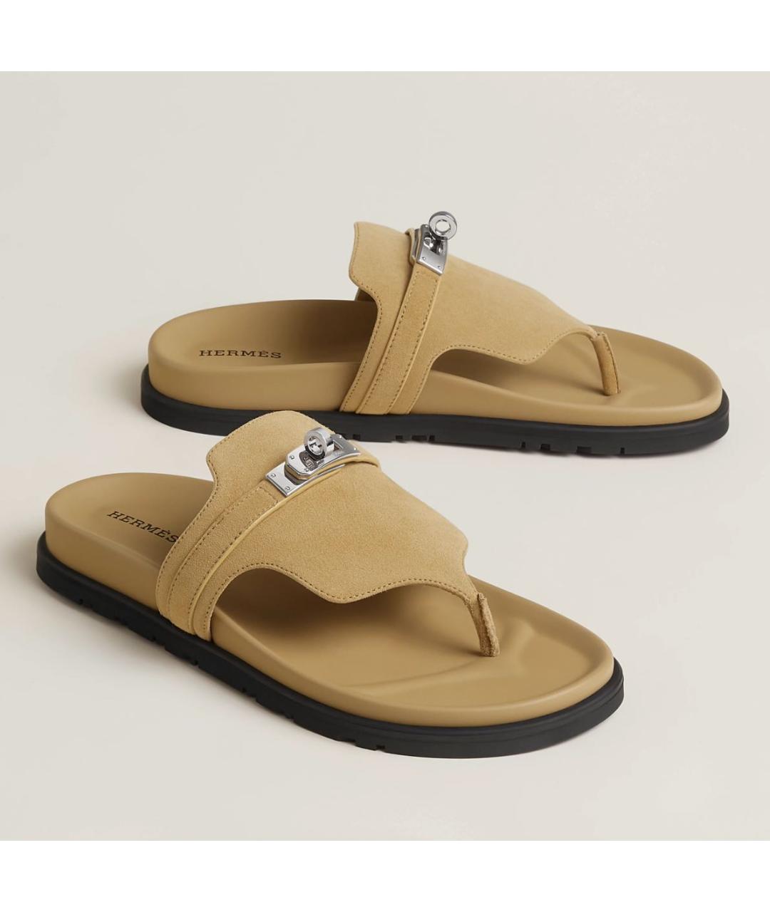 HERMES Бежевые замшевые сандалии, фото 2
