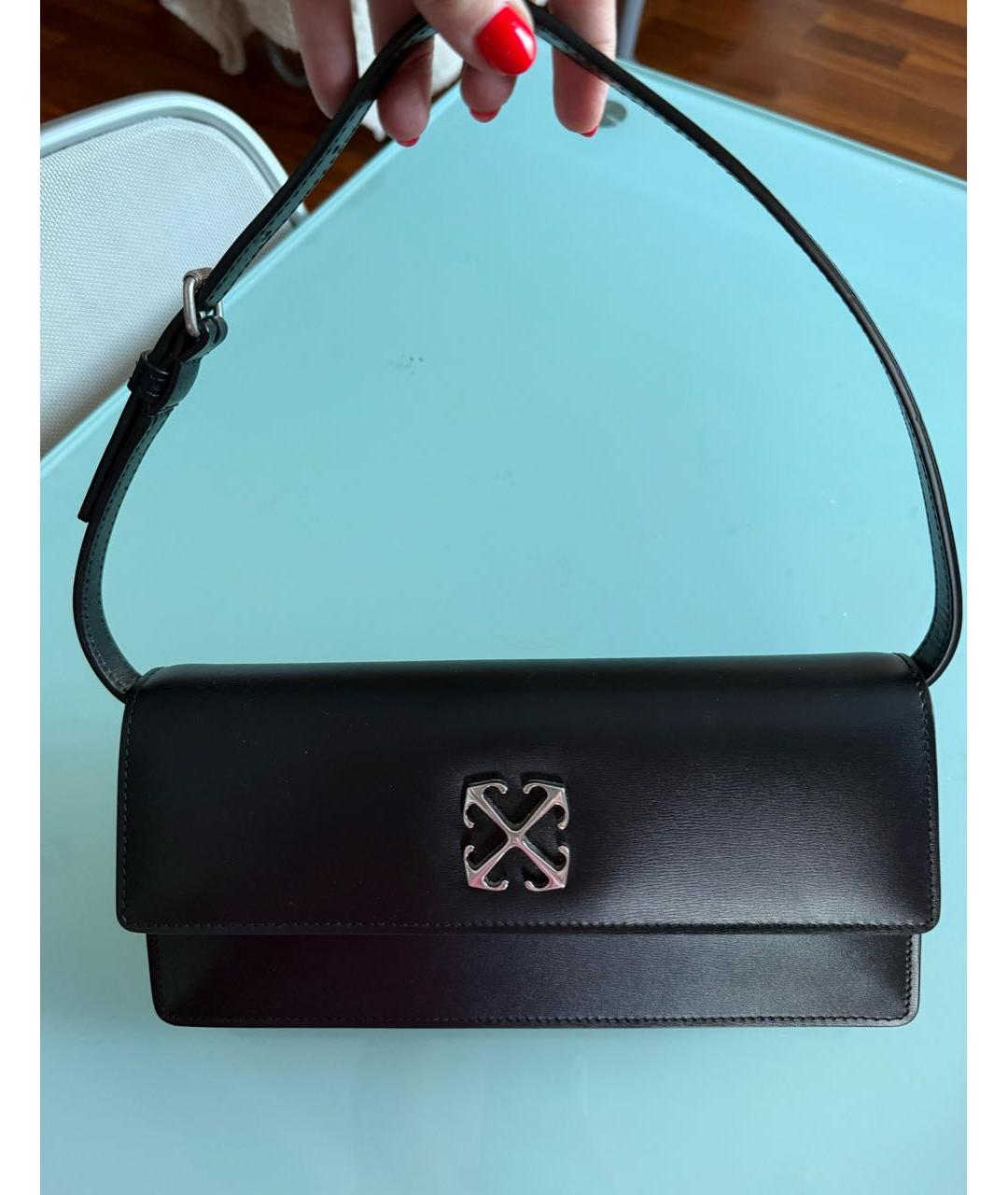 OFF-WHITE Черная кожаная сумка с короткими ручками, фото 4