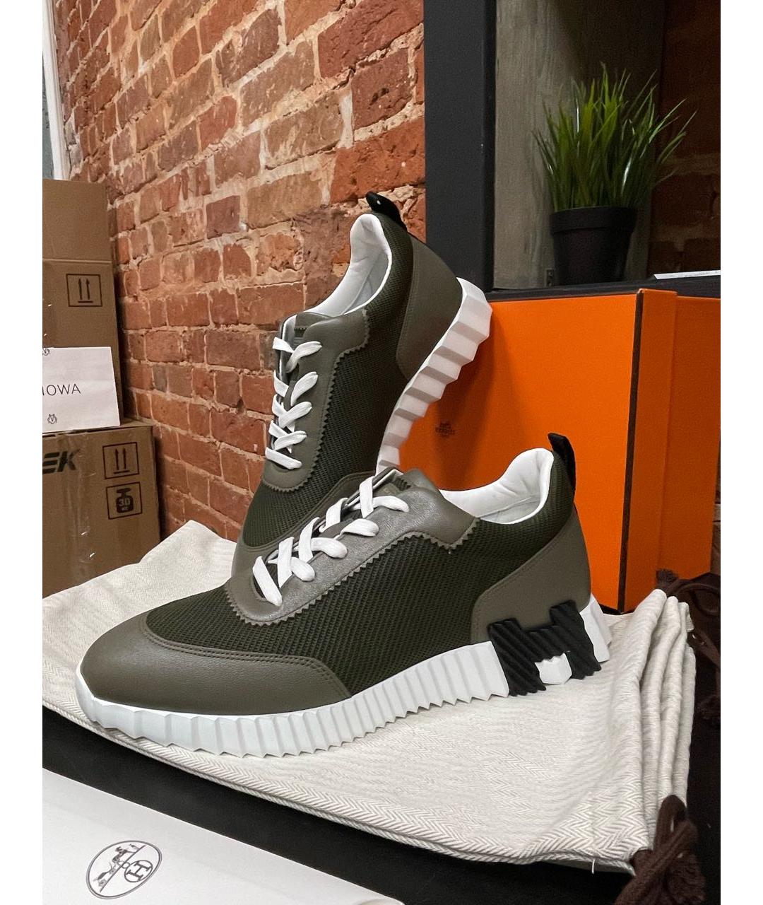 HERMES Хаки текстильные низкие кроссовки / кеды, фото 3