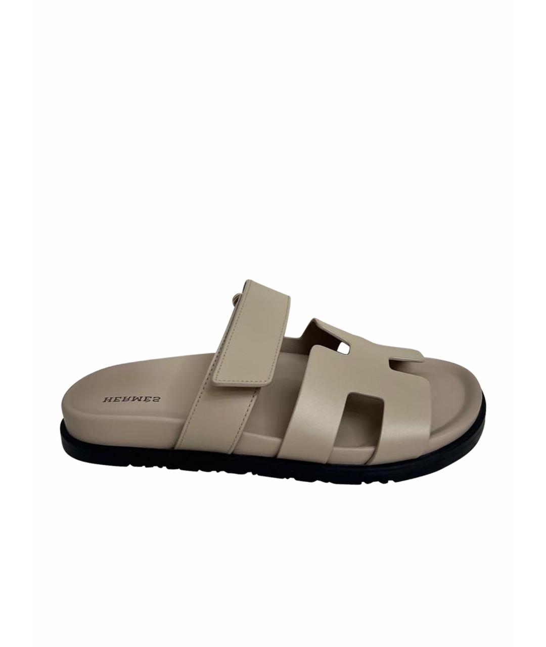 HERMES Бежевые кожаные шлепанцы, фото 1