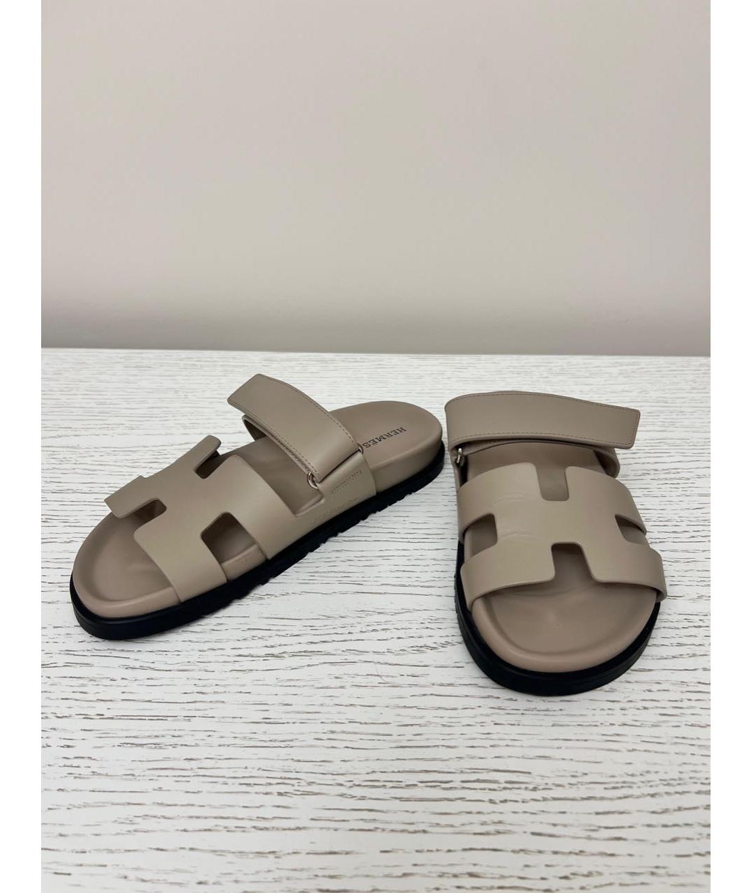 HERMES Бежевые кожаные шлепанцы, фото 3