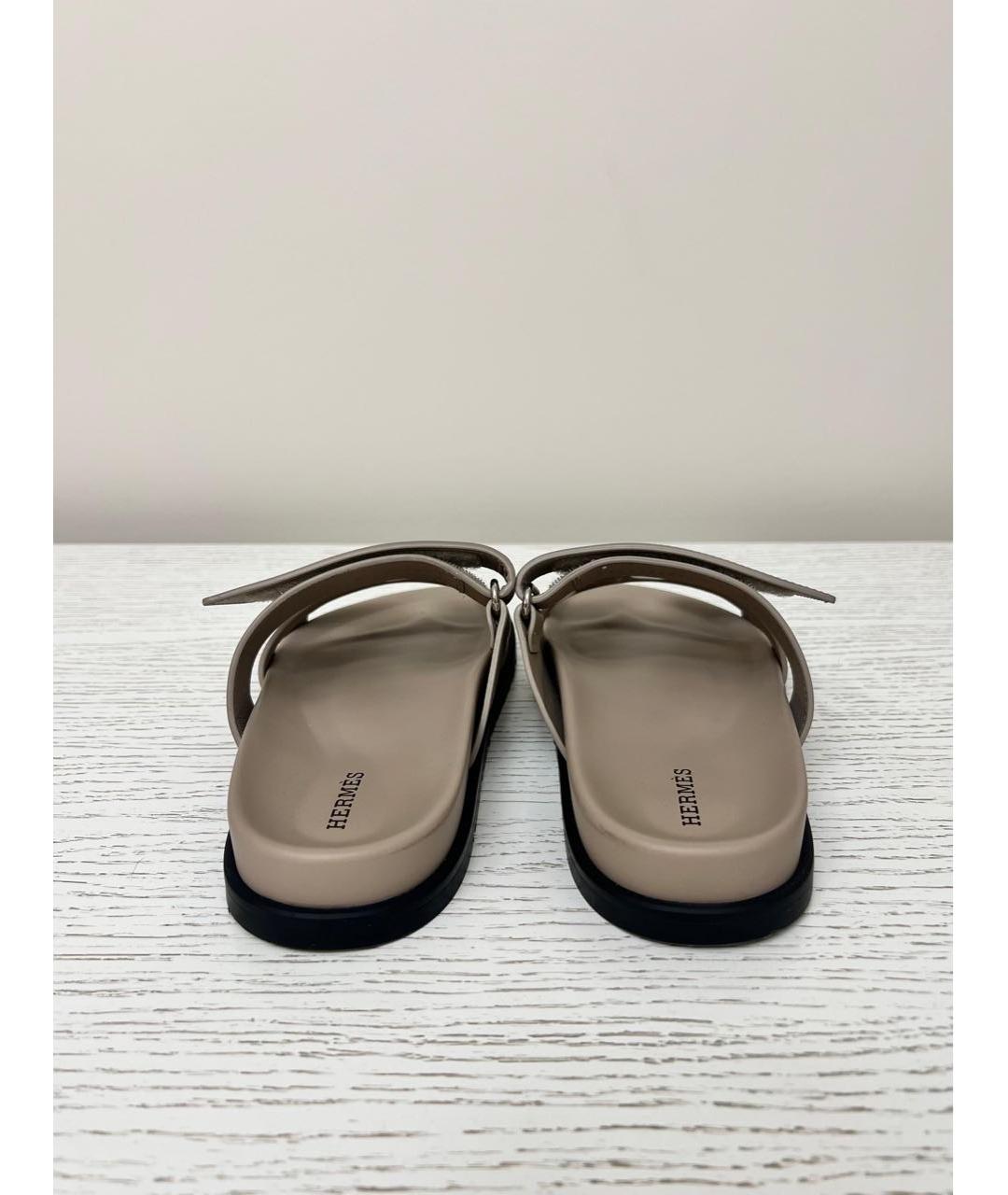 HERMES Бежевые кожаные шлепанцы, фото 4