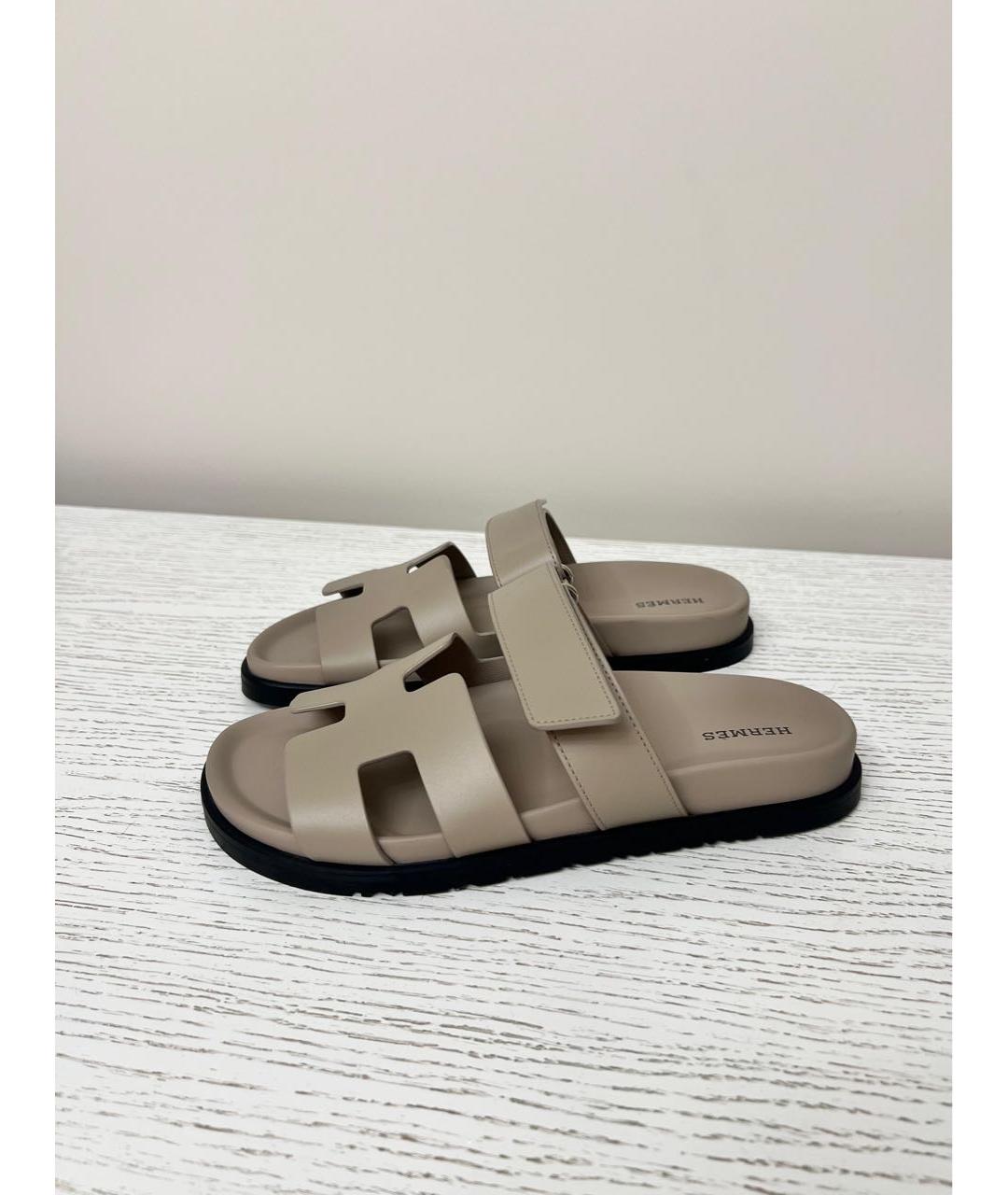 HERMES Бежевые кожаные шлепанцы, фото 7