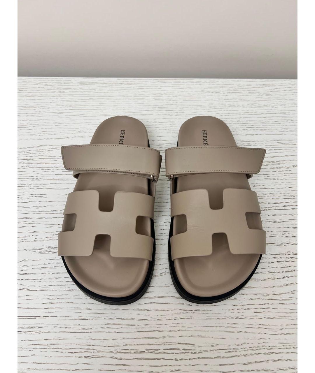 HERMES Бежевые кожаные шлепанцы, фото 2