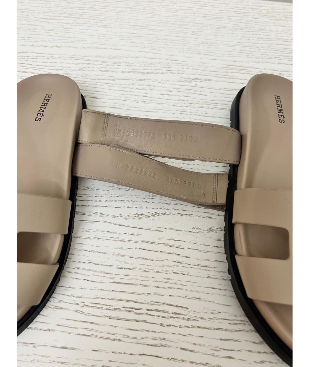 HERMES Бежевые кожаные шлепанцы, фото 5