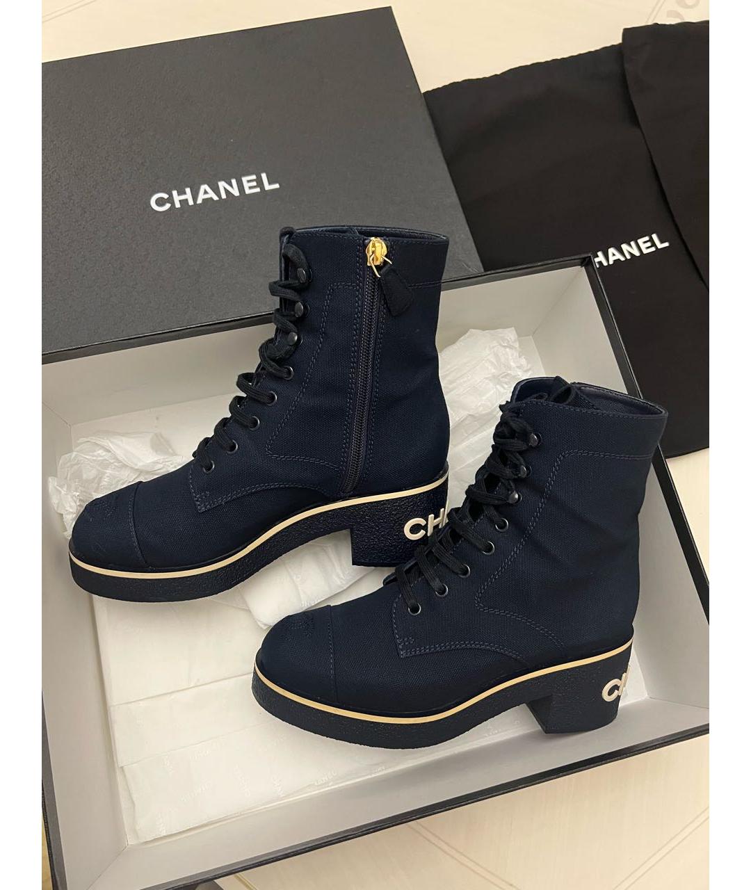 CHANEL Темно-синие текстильные ботинки, фото 5