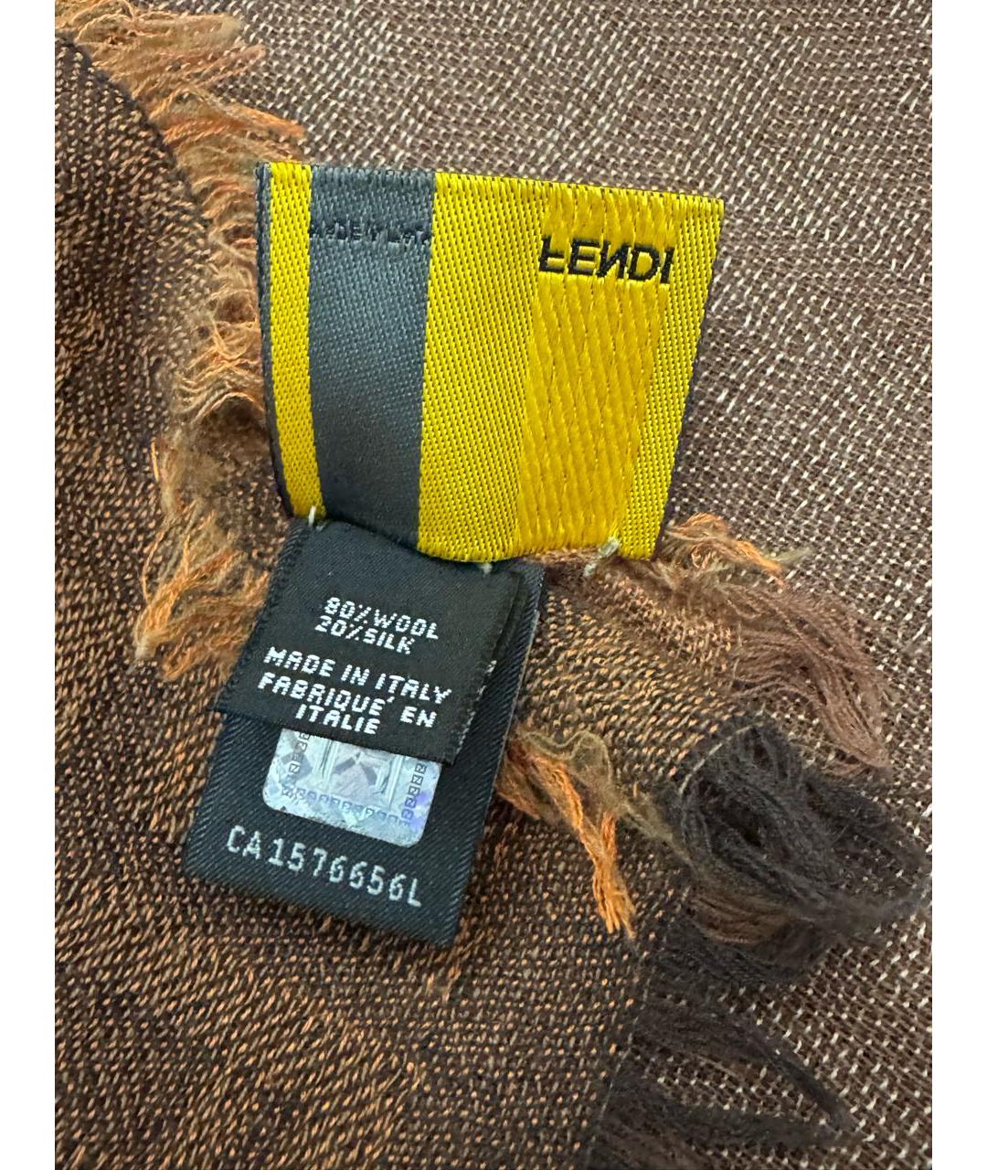 FENDI Коричневый шерстяной шарф, фото 5