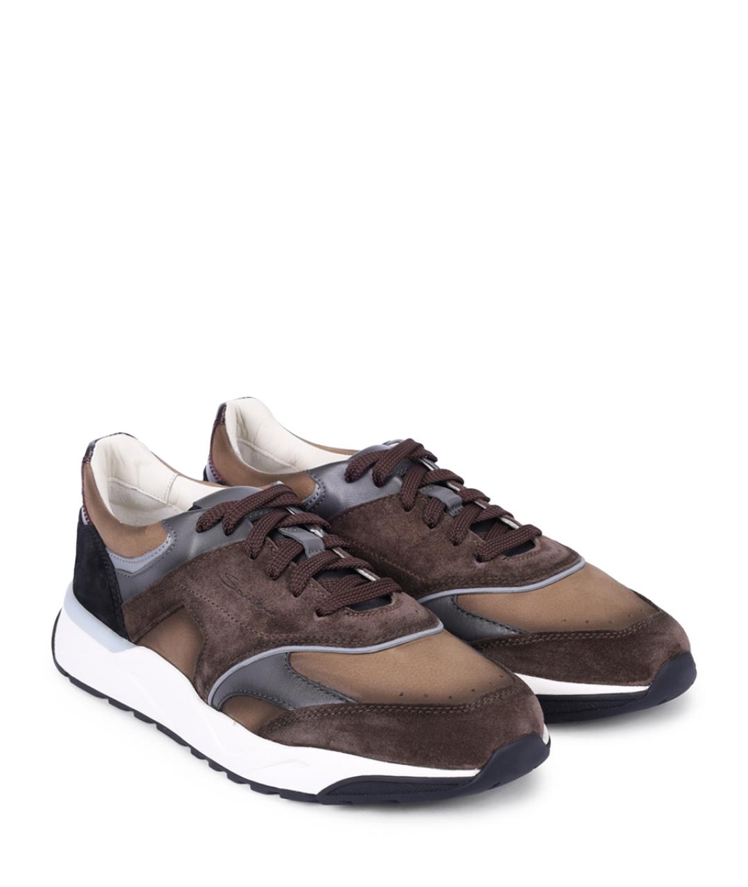 SANTONI Коричневые кожаные низкие кроссовки / кеды, фото 2