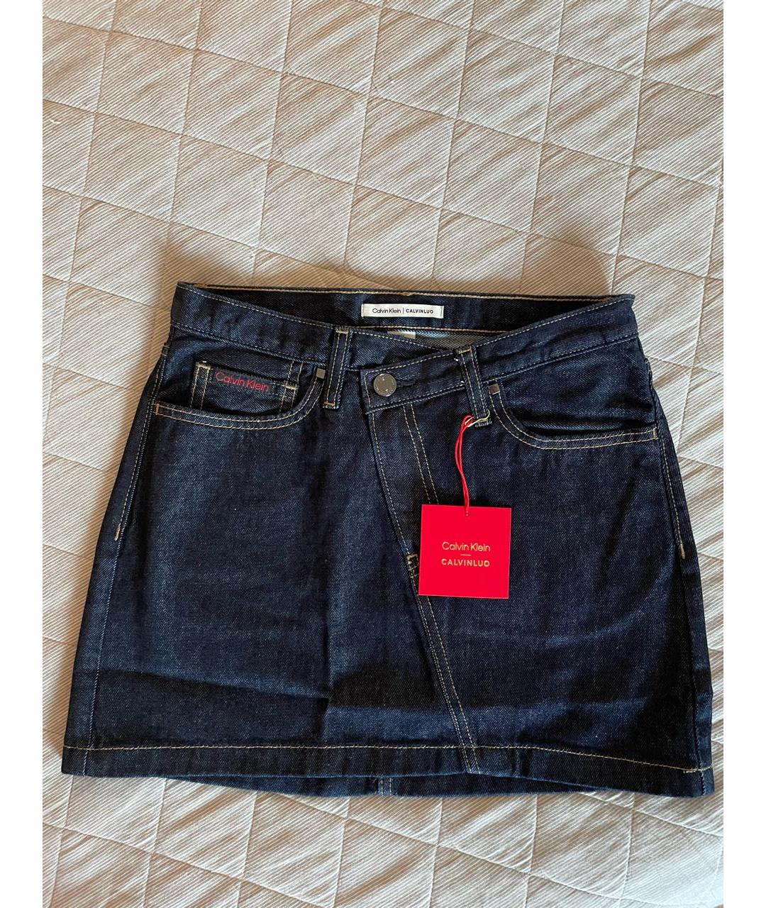 CALVIN KLEIN Темно-синяя деним юбка мини, фото 7