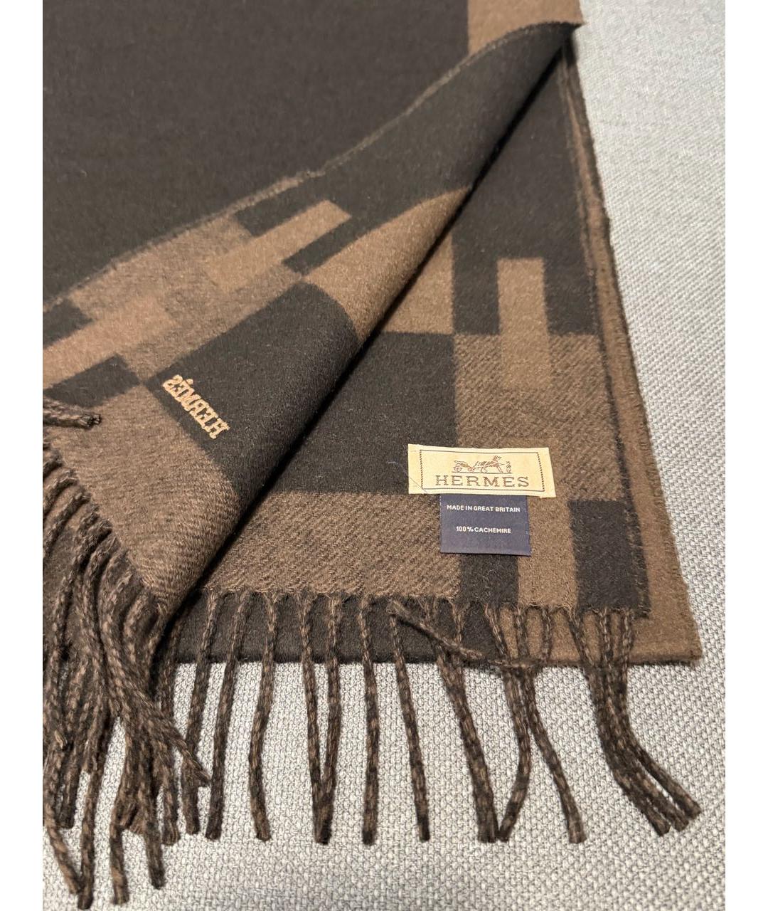 HERMES Коричневый кашемировый шарф, фото 5