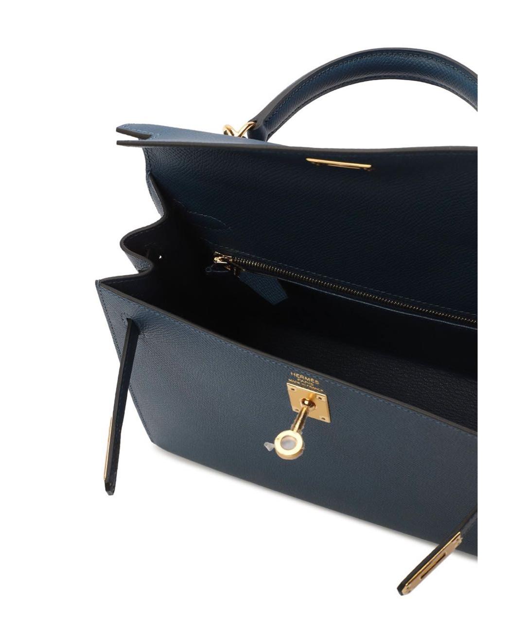 HERMES Темно-синяя кожаная сумка с короткими ручками, фото 6