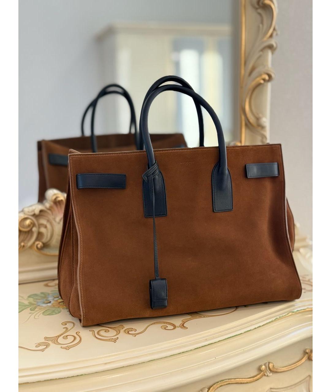 SAINT LAURENT Коричневая замшевая сумка тоут, фото 2