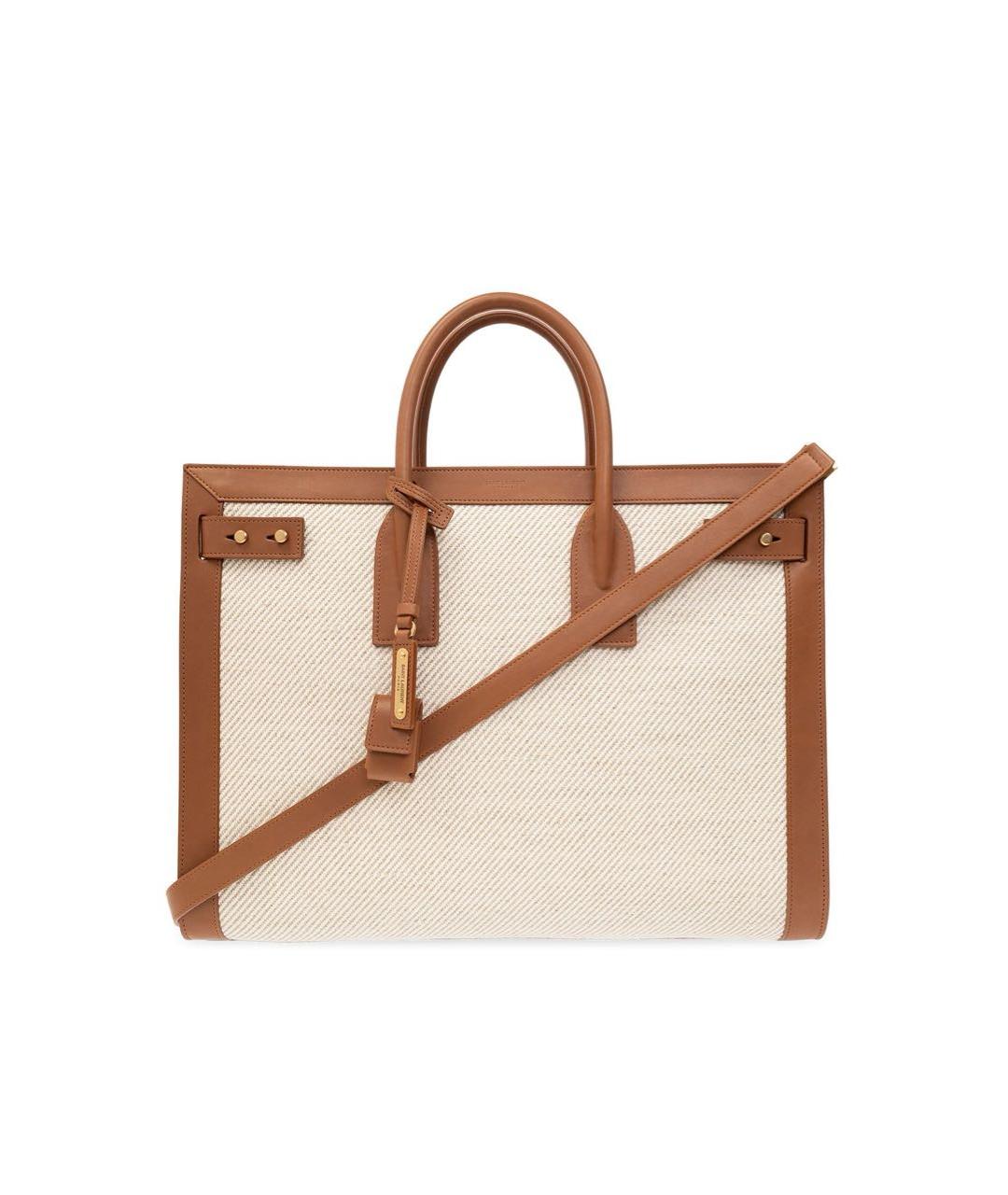 SAINT LAURENT Бежевая тканевая сумка тоут, фото 1