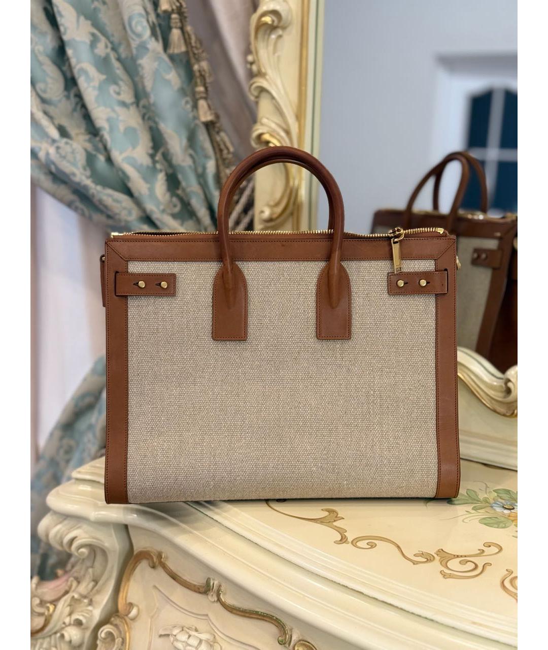 SAINT LAURENT Бежевая тканевая сумка тоут, фото 4