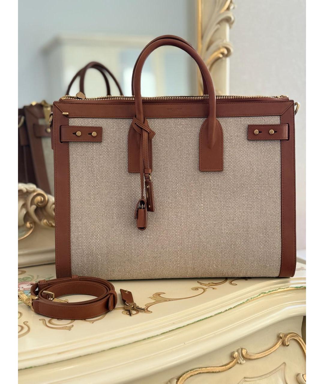 SAINT LAURENT Бежевая тканевая сумка тоут, фото 2