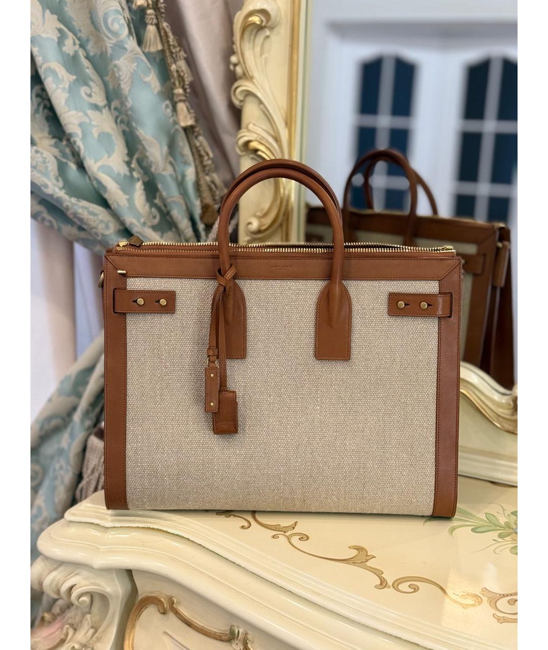 SAINT LAURENT Бежевая тканевая сумка тоут, фото 5