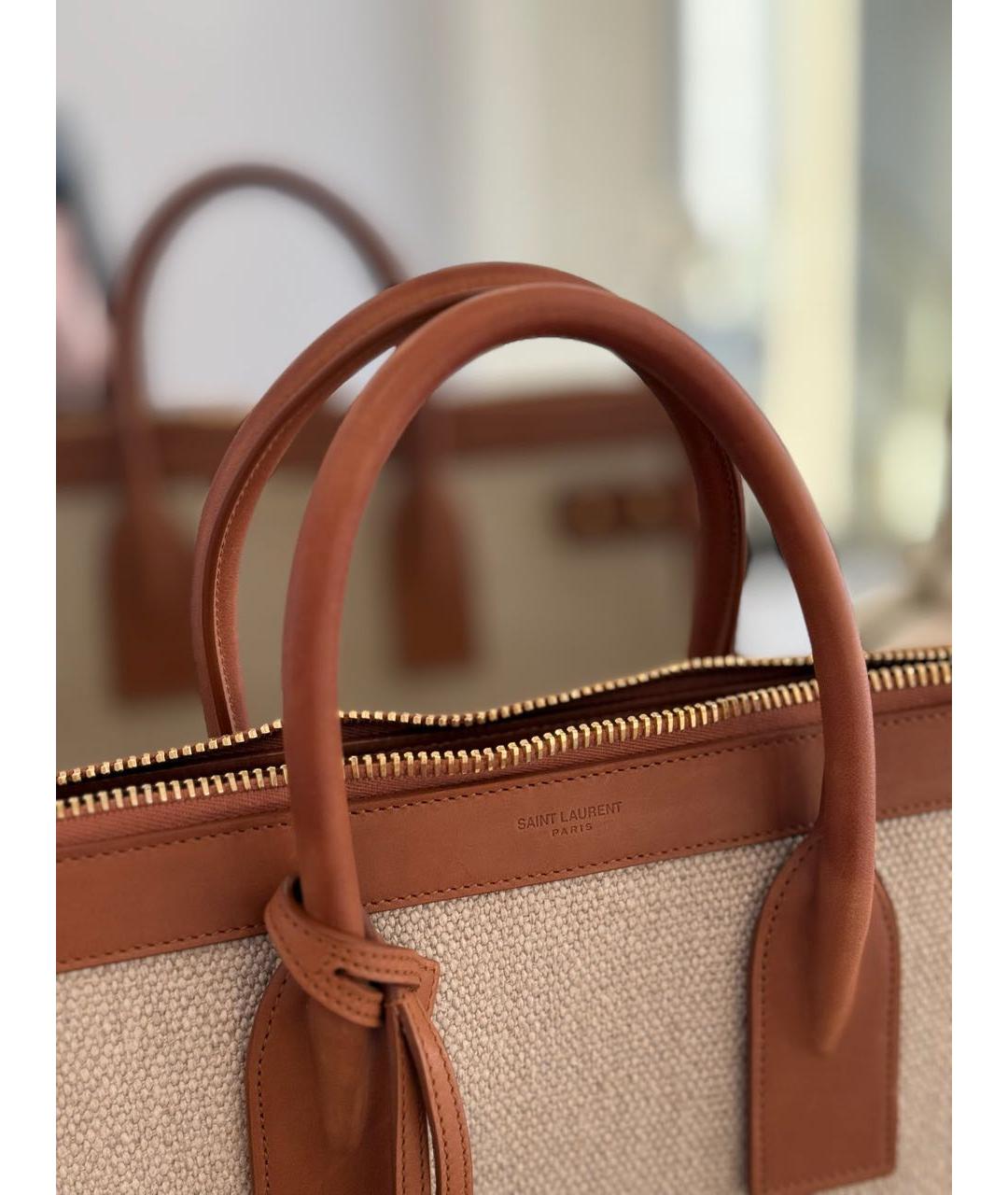 SAINT LAURENT Бежевая тканевая сумка тоут, фото 6