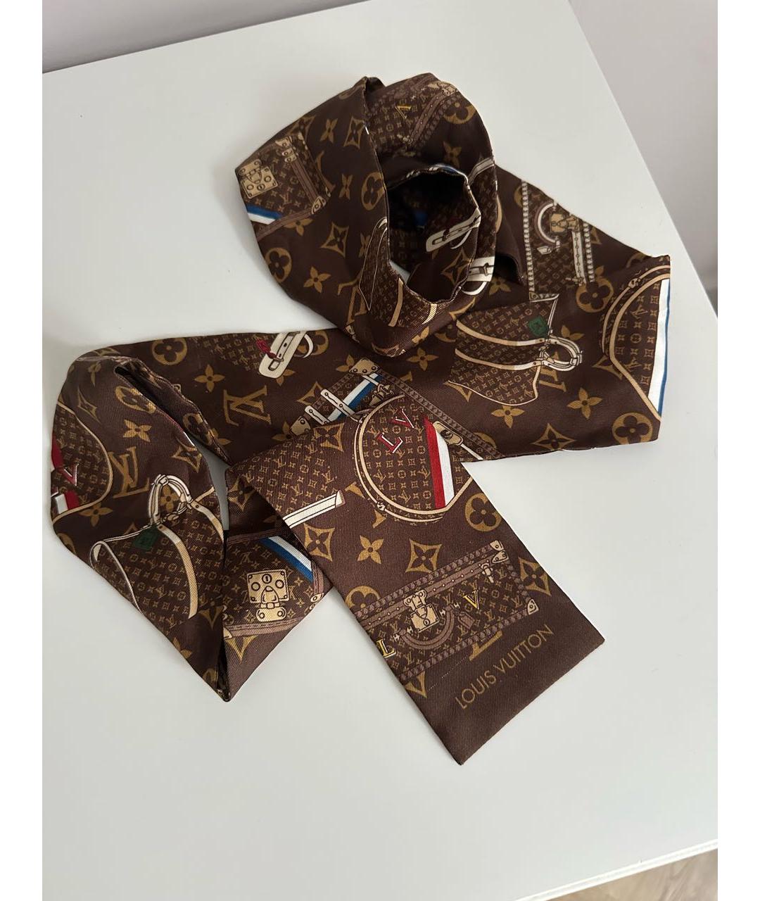 LOUIS VUITTON Коричневый шелковый шарф, фото 2