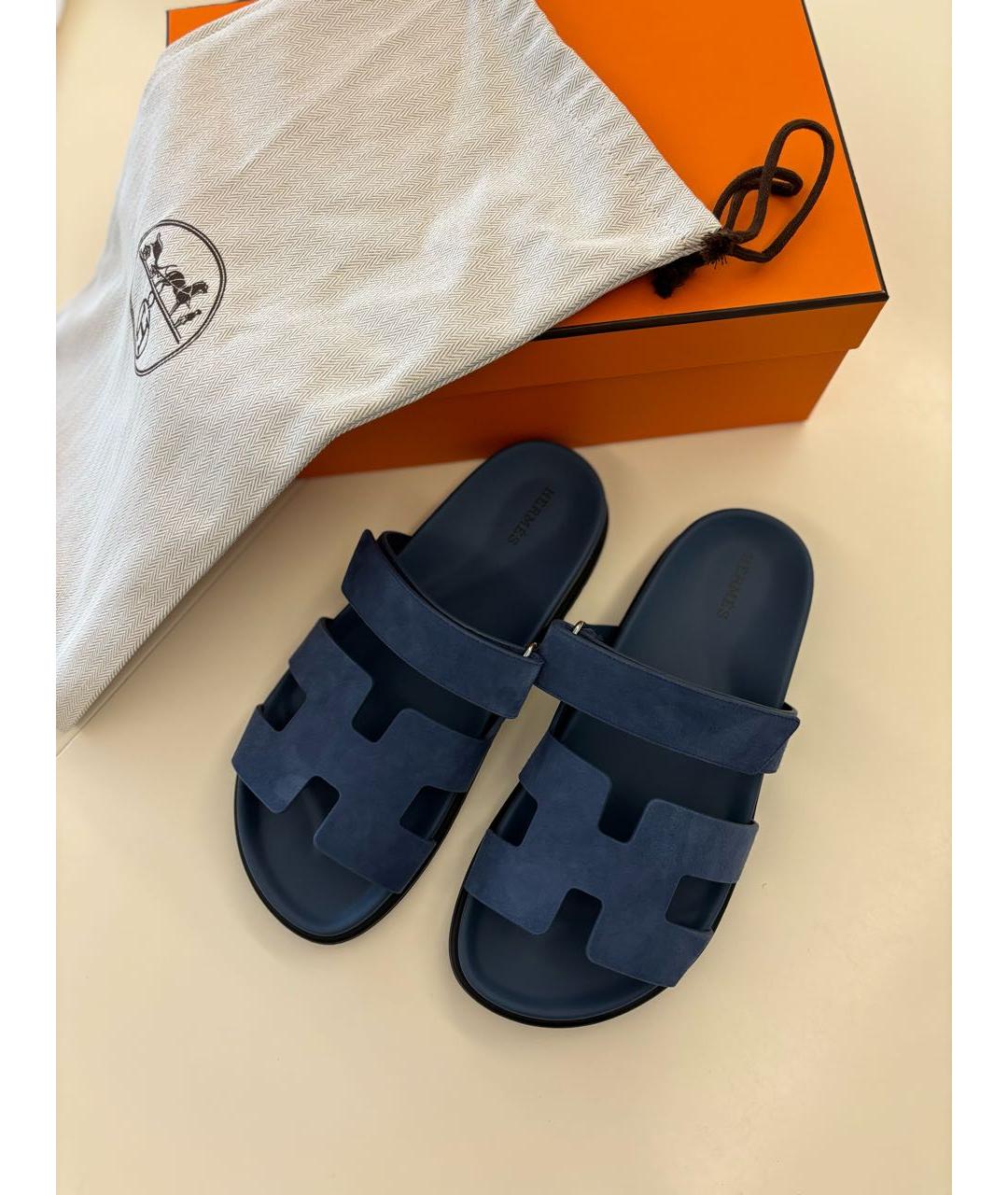 HERMES Темно-синие замшевые шлепанцы, фото 7