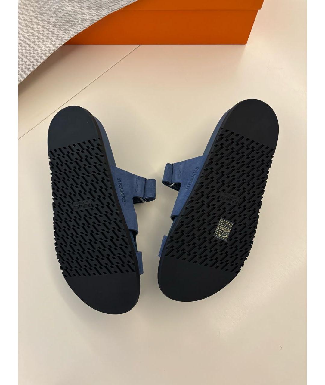 HERMES Темно-синие замшевые шлепанцы, фото 3