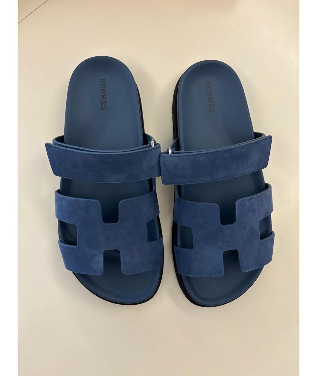 HERMES Темно-синие замшевые шлепанцы, фото 2