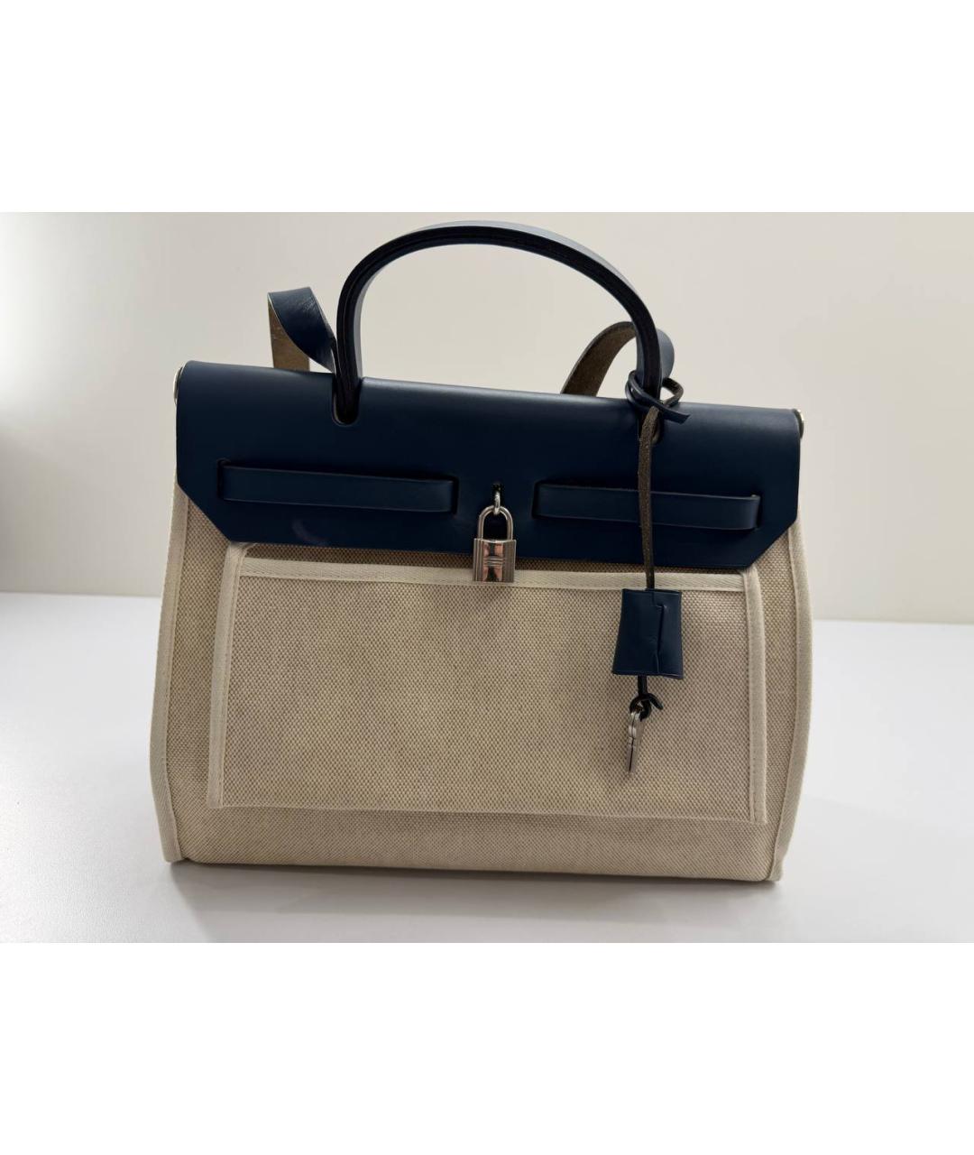 HERMES Бежевая тканевая сумка с короткими ручками, фото 6