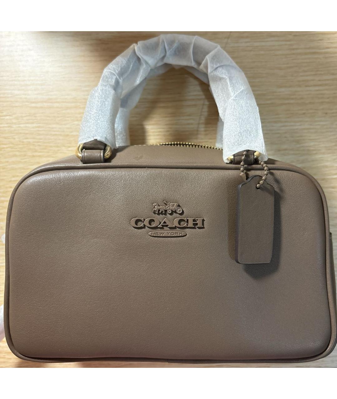 COACH Бежевая кожаная сумка с короткими ручками, фото 5