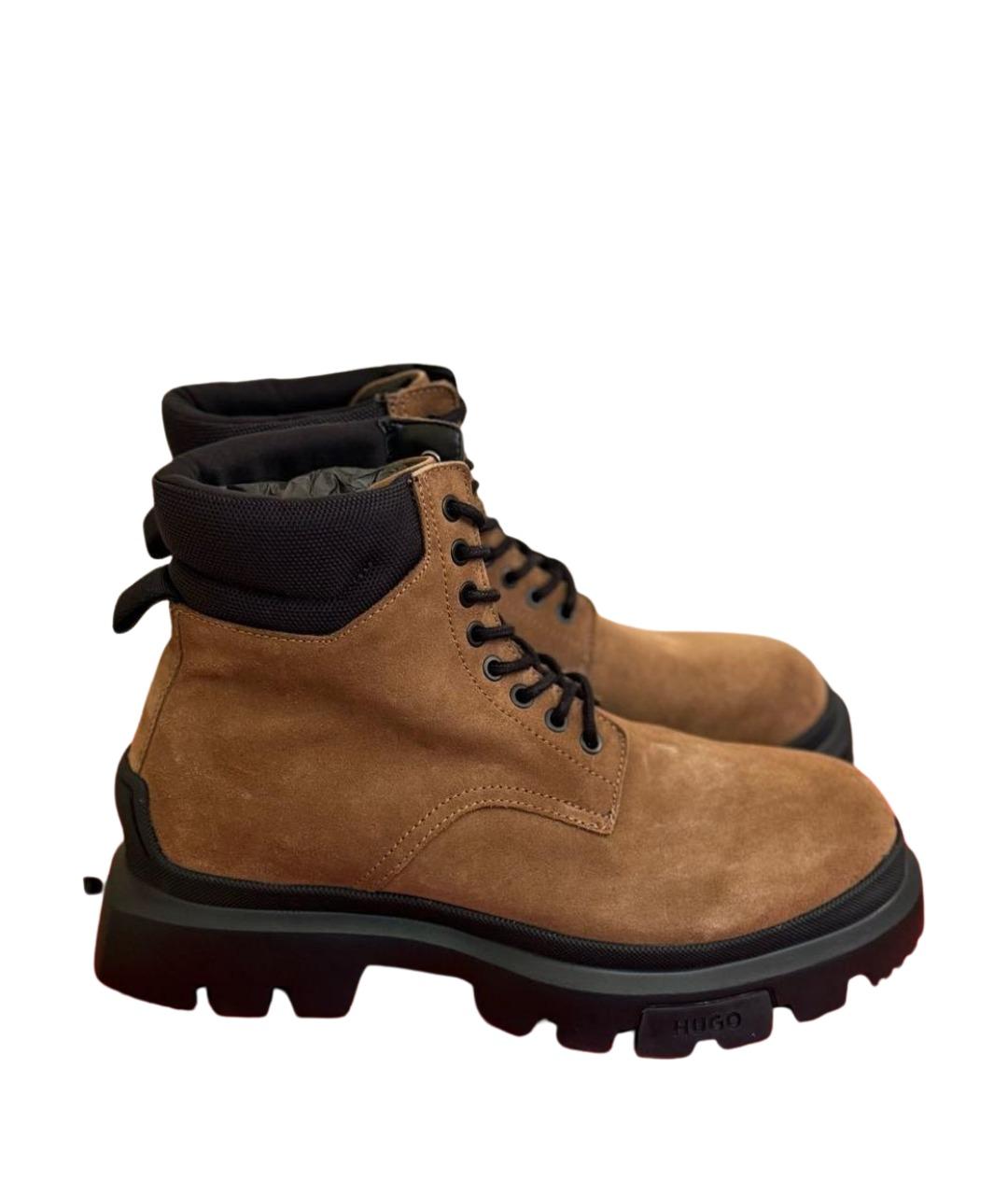 HUGO BOSS Коричневые кожаные высокие ботинки, фото 1