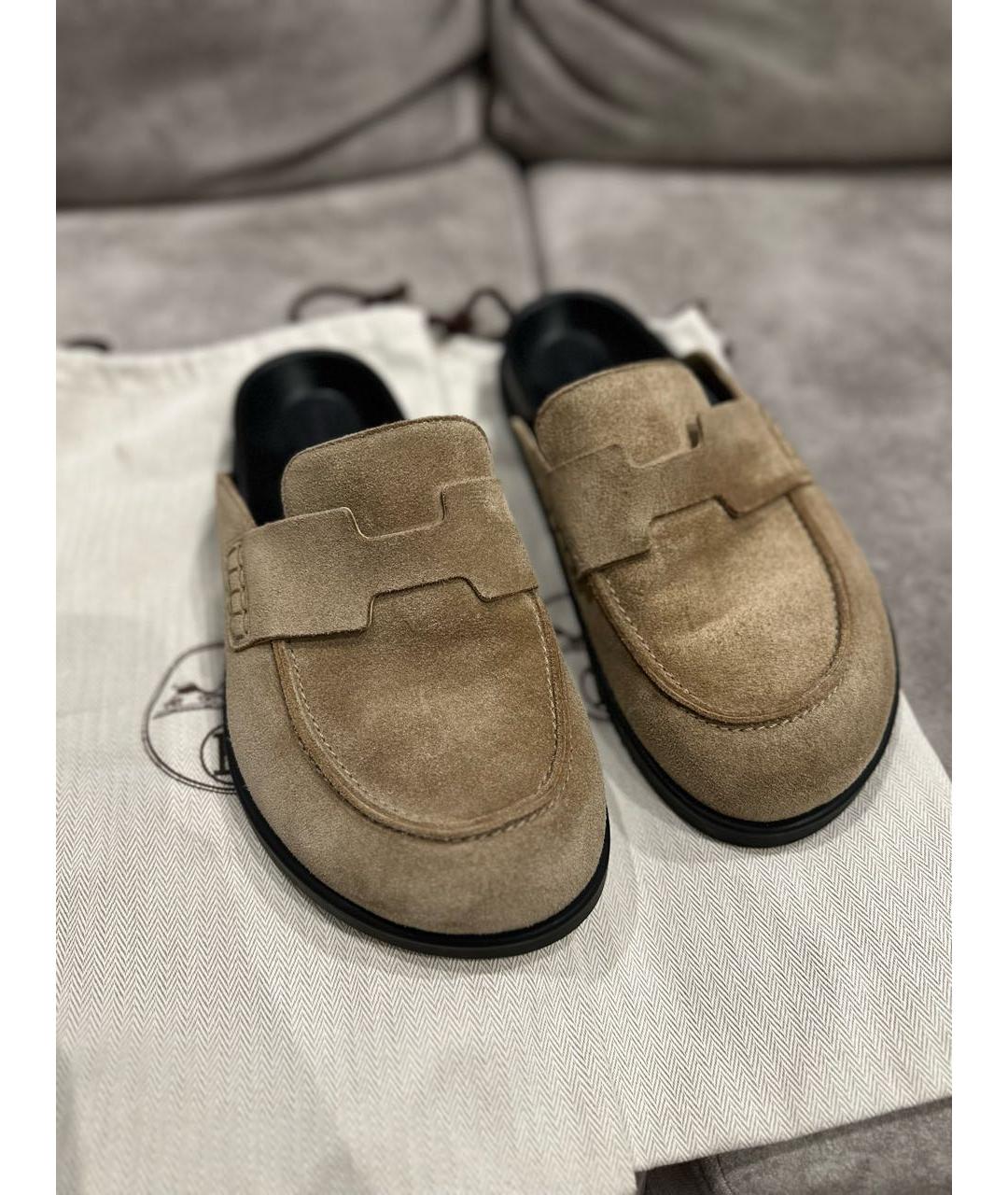 HERMES Бежевые замшевые мюли, фото 2