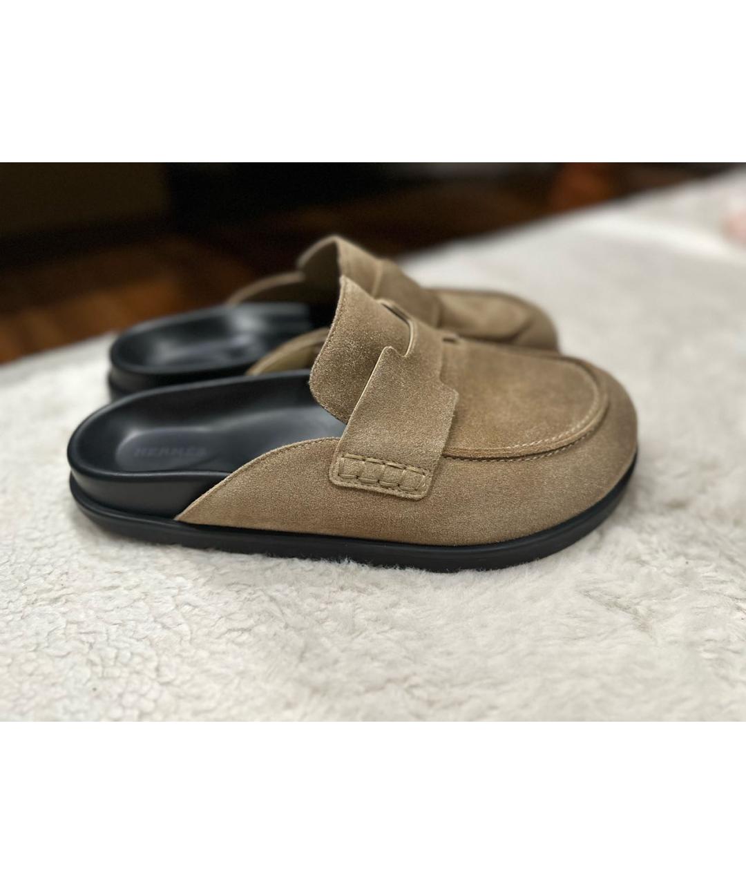 HERMES Бежевые замшевые мюли, фото 9